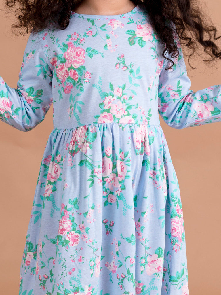 Girls Blue Pink Floral Printed A-Line Dress (hs-blue floral)