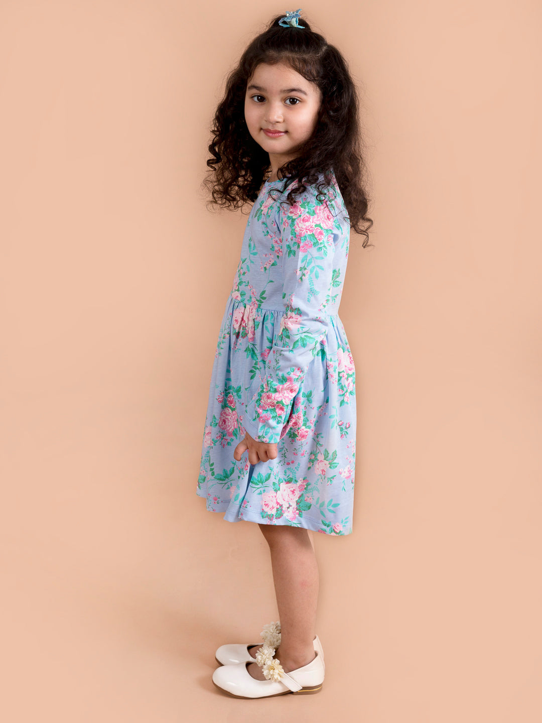 Girls Blue Pink Floral Printed A-Line Dress (hs-blue floral)