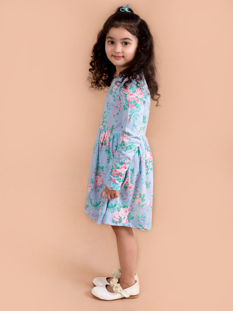 Girls Blue Pink Floral Printed A-Line Dress (hs-blue floral)