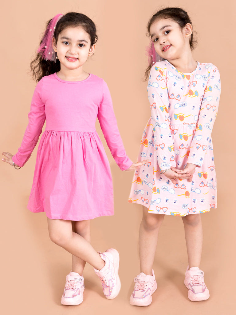 Pspeaches Girls Multicoloured Pack Of 2 Round Neck Gathered Or Pleated Cotton Fit Flare (HS-MULTI GLASSES)