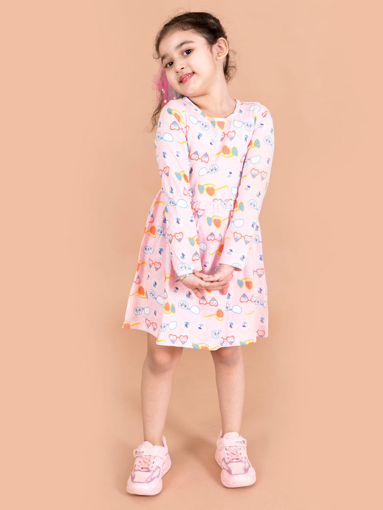 Pspeaches Girls Multicoloured Pack Of 2 Round Neck Gathered Or Pleated Cotton Fit Flare (HS-MULTI GLASSES)