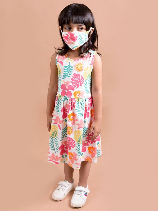 Pspeaches White Pink Floral A-Line Midi Dress (HS-WHITE FLORAL)
