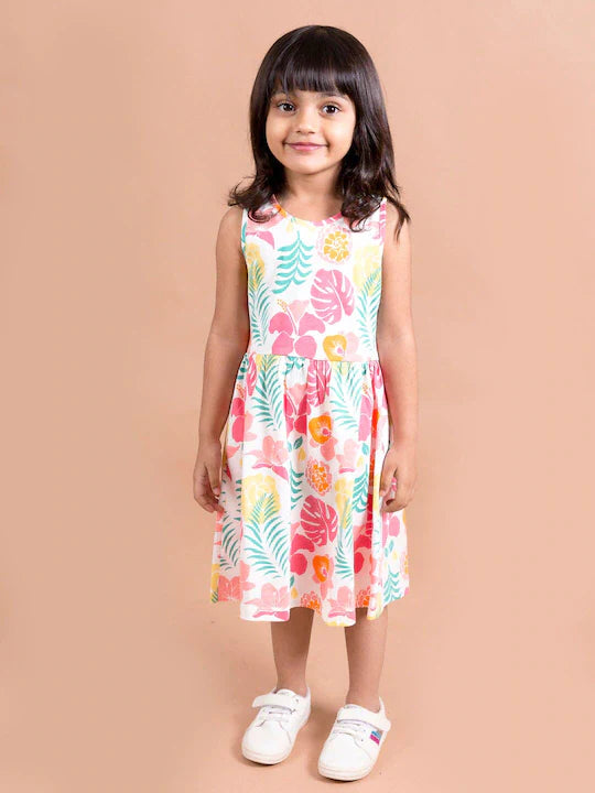 Pspeaches White Pink Floral A-Line Midi Dress (HS-WHITE FLORAL)