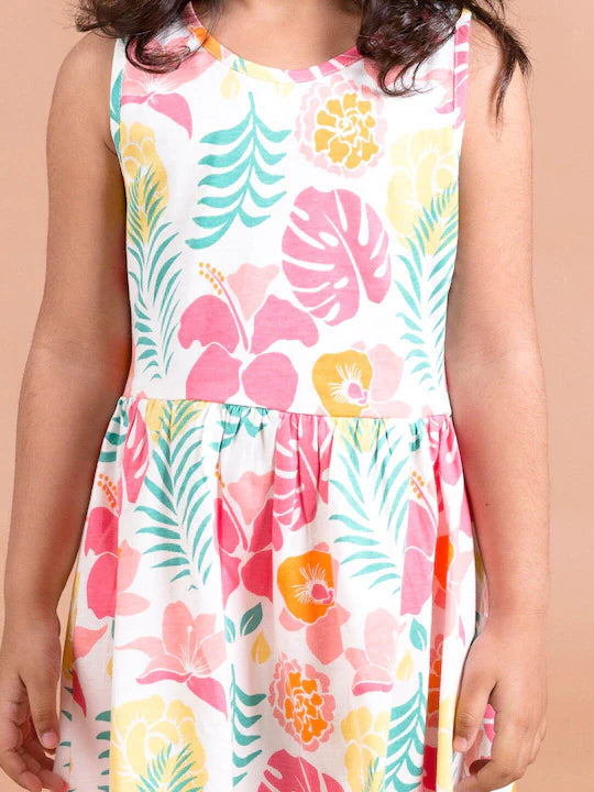 Pspeaches White Pink Floral A-Line Midi Dress (HS-WHITE FLORAL)