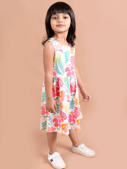 Pspeaches White Pink Floral A-Line Midi Dress (HS-WHITE FLORAL)