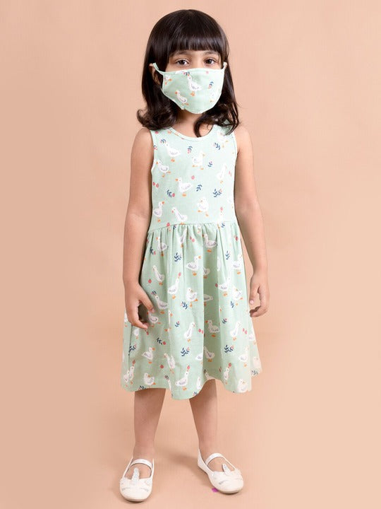 Pspeaches Green White Printed Dress (HS-GREEN DUCK)