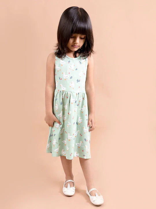 Pspeaches Green White Printed Dress (HS-GREEN DUCK)