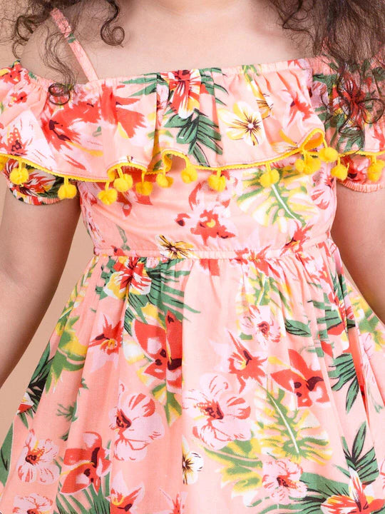 Pspeaches Girls Coral Green Floral Off-Shoulder Fit And Flare Dress (D-CORAL FLORAL)