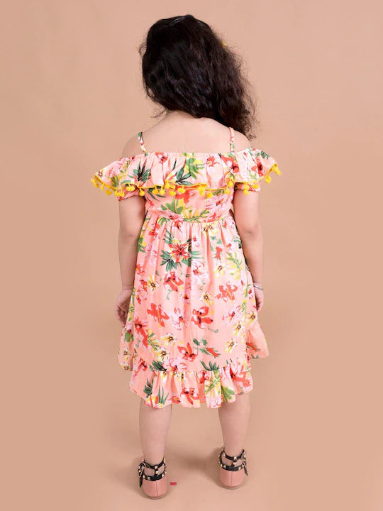 Pspeaches Girls Coral Green Floral Off-Shoulder Fit And Flare Dress (D-CORAL FLORAL)