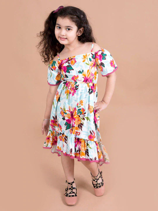 White & Blue Floral Print Fit & Flared Dress (d-mist flared)