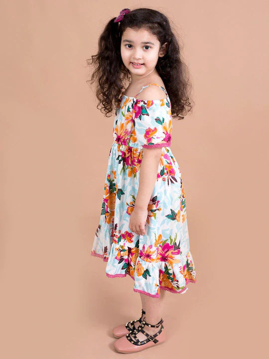 White & Blue Floral Print Fit & Flared Dress (d-mist flared)