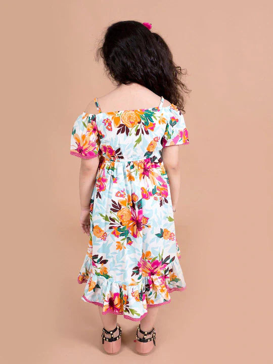 White & Blue Floral Print Fit & Flared Dress (d-mist flared)