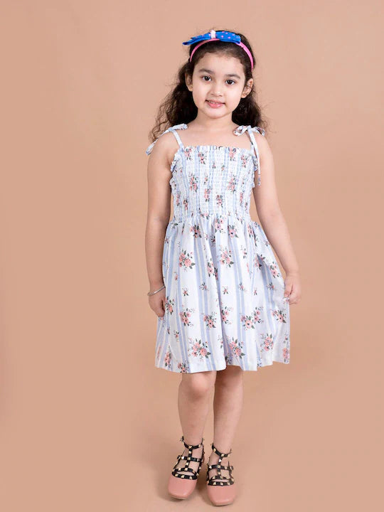 Pspeaches Girls White Floral Smocked Fit Flare Dress (D-STRIPE SMOKING-BLUE)