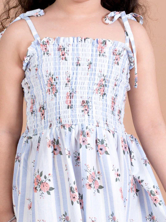 Pspeaches Girls White Floral Smocked Fit Flare Dress (D-STRIPE SMOKING-BLUE)