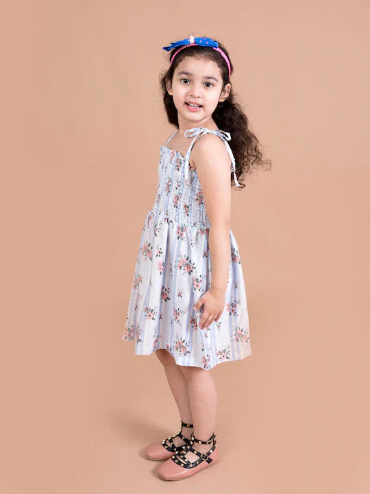 Pspeaches Girls White Floral Smocked Fit Flare Dress (D-STRIPE SMOKING-BLUE)