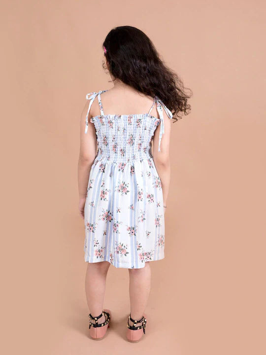 Pspeaches Girls White Floral Smocked Fit Flare Dress (D-STRIPE SMOKING-BLUE)