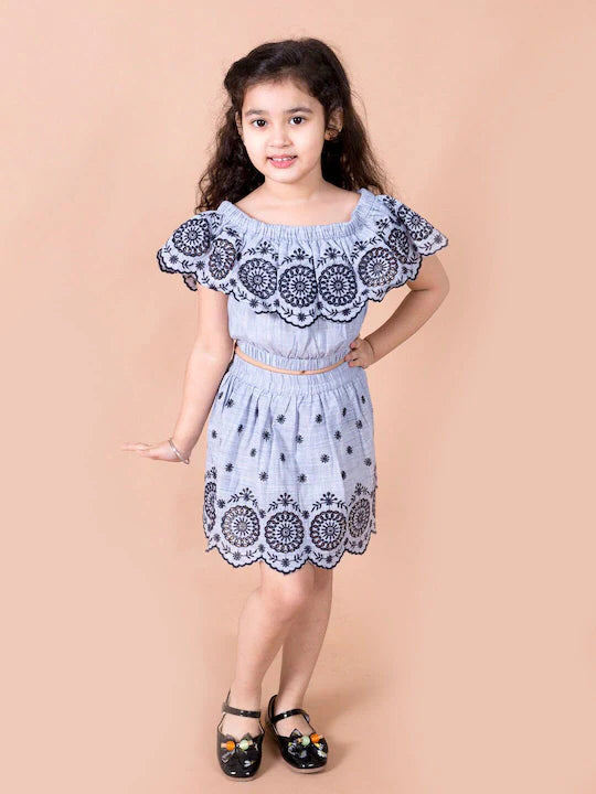 Pspeaches Girls Blue Black Embroidered Top With Skirt (SK-SCHIFFLI SKIRT)