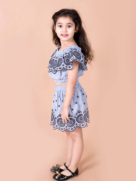 Pspeaches Girls Blue Black Embroidered Top With Skirt (SK-SCHIFFLI SKIRT)