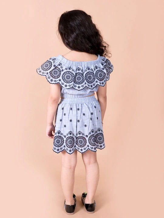 Pspeaches Girls Blue Black Embroidered Top With Skirt (SK-SCHIFFLI SKIRT)