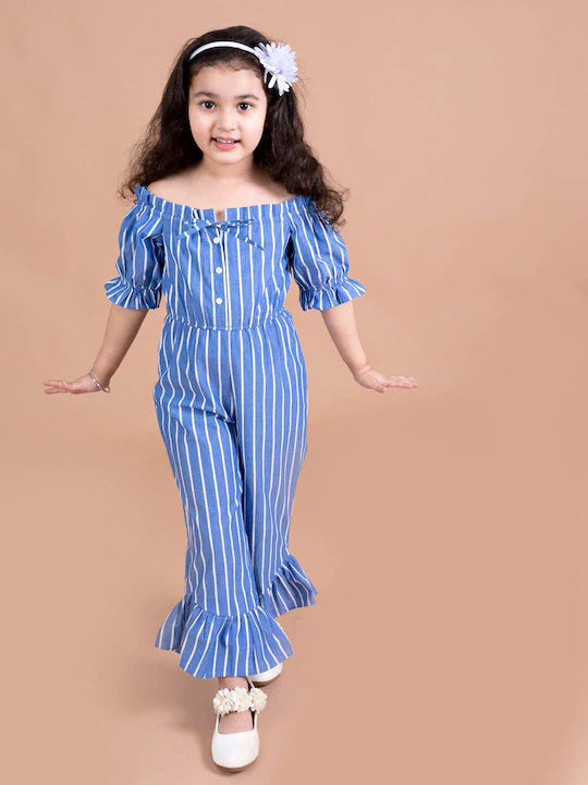 Pspeaches Girls Blue White Off-Shoulder Striped Basic Jumpsuit (J-STRIPE BLUE)