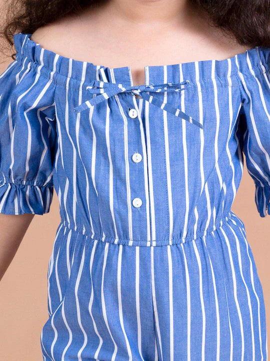 Pspeaches Girls Blue White Off-Shoulder Striped Basic Jumpsuit (J-STRIPE BLUE)