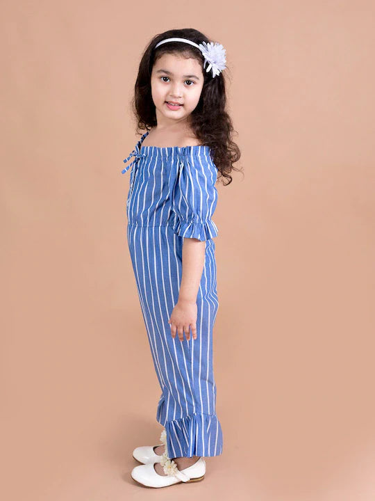 Pspeaches Girls Blue White Off-Shoulder Striped Basic Jumpsuit (J-STRIPE BLUE)