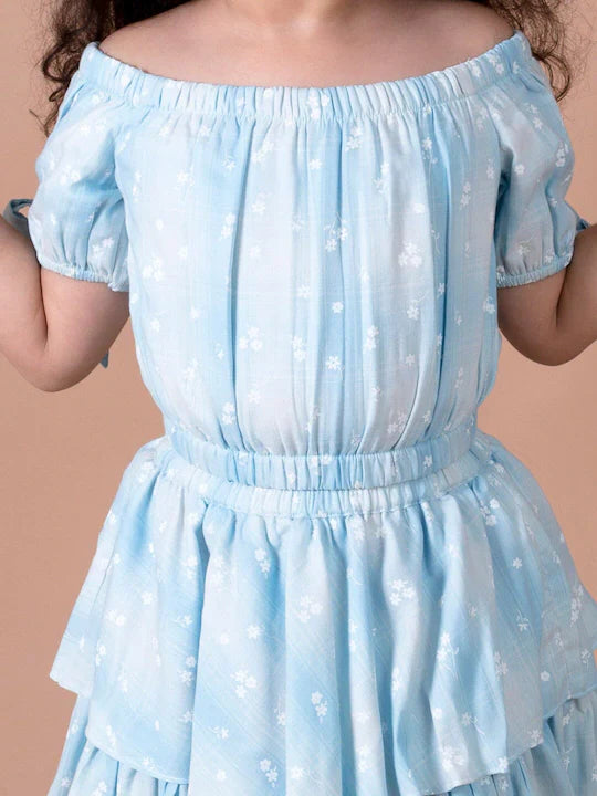 Pspeaches Girls Blue Printed Top With Skirt (SK-SHADED FLOWER)