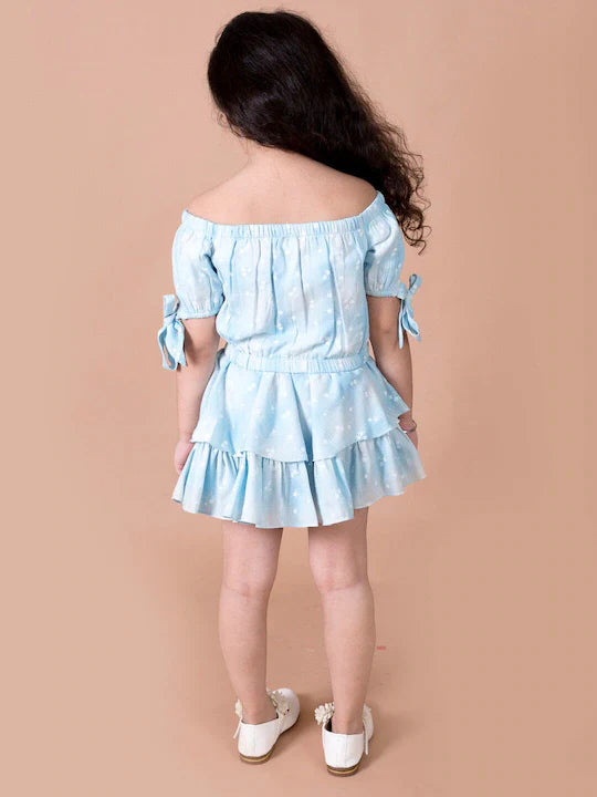 Pspeaches Girls Blue Printed Top With Skirt (SK-SHADED FLOWER)