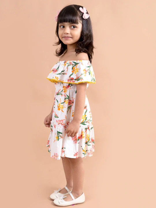 White Floral Off-Shoulder A-Line Off-shoulder no sleeves Casual Wear Dress (d-floral tropical)