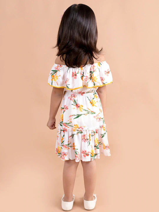 White Floral Off-Shoulder A-Line Off-shoulder no sleeves Casual Wear Dress (d-floral tropical)