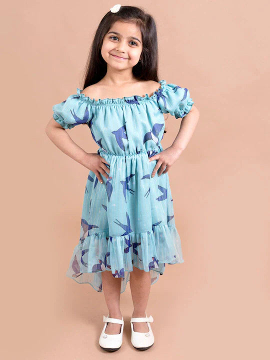 Girls Blue Conversational Printed Off-Shoulder High-Low Fit & Flare Dress (d-bird lurex)