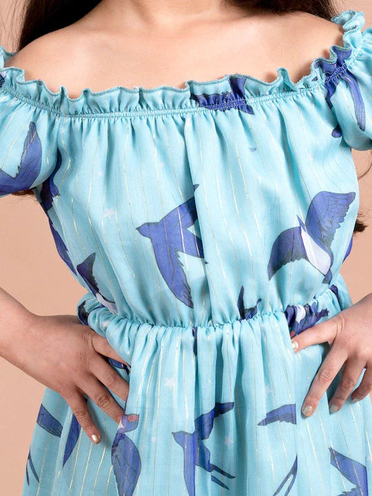 Girls Blue Conversational Printed Off-Shoulder High-Low Fit & Flare Dress (d-bird lurex)