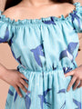 Girls Blue Conversational Printed Off-Shoulder High-Low Fit & Flare Dress (d-bird lurex)