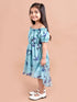 Girls Blue Conversational Printed Off-Shoulder High-Low Fit & Flare Dress (d-bird lurex)
