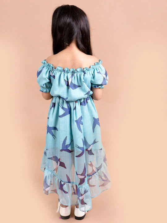 Girls Blue Conversational Printed Off-Shoulder High-Low Fit & Flare Dress (d-bird lurex)