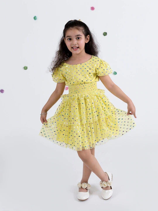 Pspeaches Girls Yellow Floral Net Dress (D-YELLOW SHIMMER)