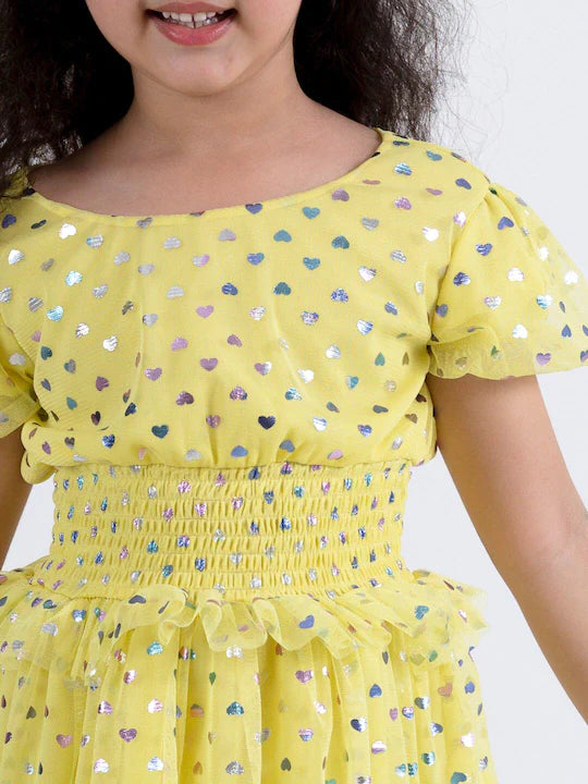 Pspeaches Girls Yellow Floral Net Dress (D-YELLOW SHIMMER)