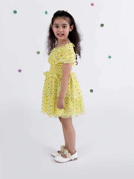 Pspeaches Girls Yellow Floral Net Dress (D-YELLOW SHIMMER)