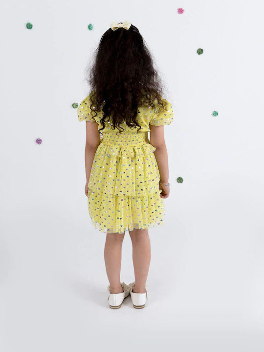 Pspeaches Girls Yellow Floral Net Dress (D-YELLOW SHIMMER)
