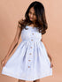 Pspeaches Girls Blue White Striped Schiffli Cotton Fit Flare Dress (D-SCHFLI LACE)
