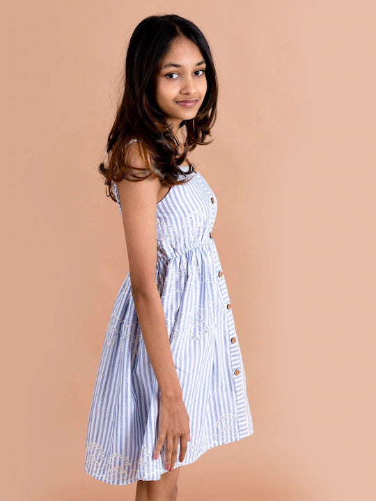 Pspeaches Girls Blue White Striped Schiffli Cotton Fit Flare Dress (D-SCHFLI LACE)