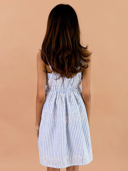 Pspeaches Girls Blue White Striped Schiffli Cotton Fit Flare Dress (D-SCHFLI LACE)