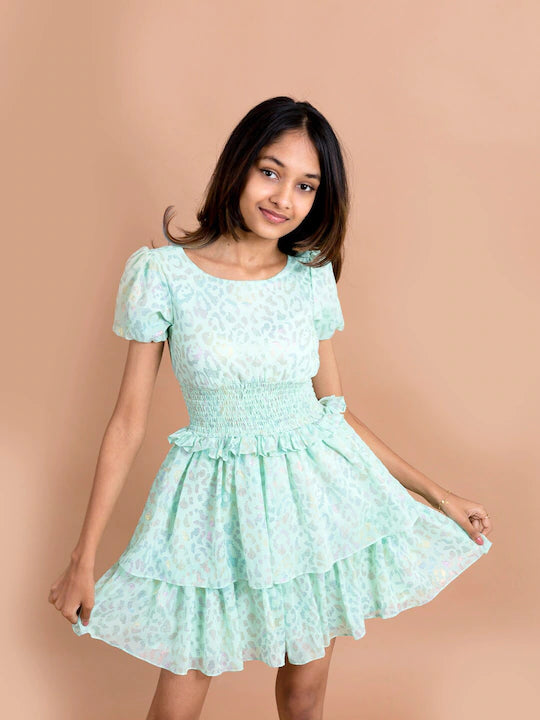 Pspeaches Girls Sea Green Pink Printed Chiffon Dress (D-SHIMMER MULTI)