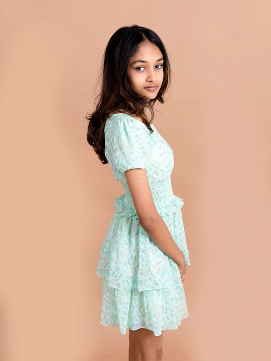 Pspeaches Girls Sea Green Pink Printed Chiffon Dress (D-SHIMMER MULTI)