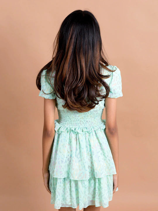 Pspeaches Girls Sea Green Pink Printed Chiffon Dress (D-SHIMMER MULTI)