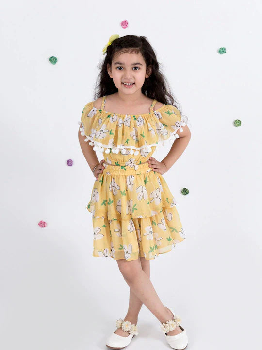 Pspeaches Yellow Floral Print Off Shoulder Top Skirt Set (SK-YELLOW FLORAL)