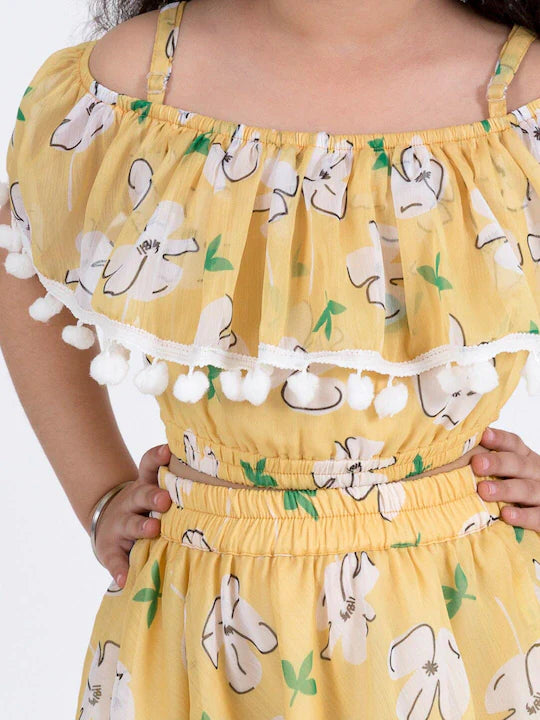 Pspeaches Yellow Floral Print Off Shoulder Top Skirt Set (SK-YELLOW FLORAL)