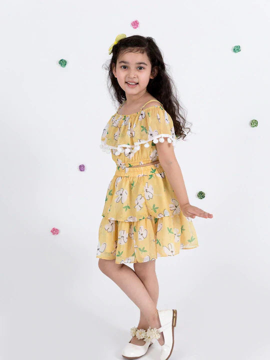 Pspeaches Yellow Floral Print Off Shoulder Top Skirt Set (SK-YELLOW FLORAL)