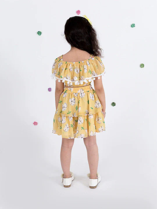 Pspeaches Yellow Floral Print Off Shoulder Top Skirt Set (SK-YELLOW FLORAL)