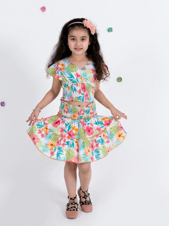 Pspeaches Girls White Blue Printed Top With Skirt (SK-FLORAL SPRING)